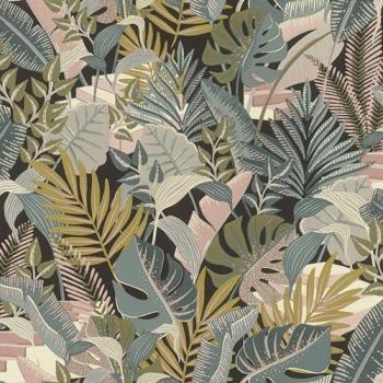 Papier peint botanique feuilles colorées bleu et rose