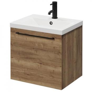 Tobacco Oak 500 mm Napoli Vanity Unit with Single Drawer and Tap‑Hole Basin – Matt Black Grips