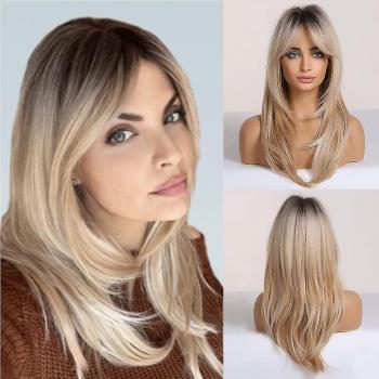 Perruque féminine blonde, longueur complète, courbes douces, frange ombre