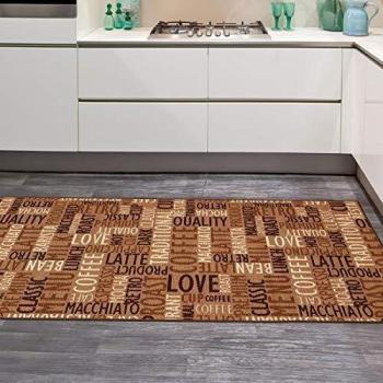 Tapis de cuisine rectangulaire café love beige, mesure 67x180 cm et convient aux surfaces chauffantes