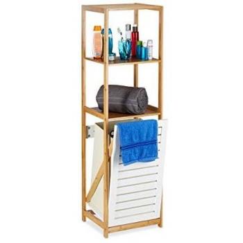 Narrow Bathroom Shelf with Laundry Hamper, 3 Compartments, HxWxD: 130 x 37 x 33 cm, Bamboo-Fabric