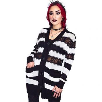 Jawbreaker Punk‑Gothic Gestreiftes Cardigan mit Spitzenakzenten – Schwarz/Weiß – L
