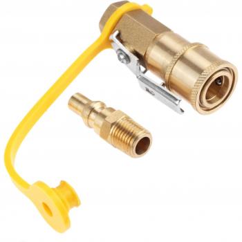 Conjunto de desconexión rápida con válvula de bloqueo y macho completo de paso para sistemas RV de propano/gas natural LP, hecho de latón macizo, 1/4