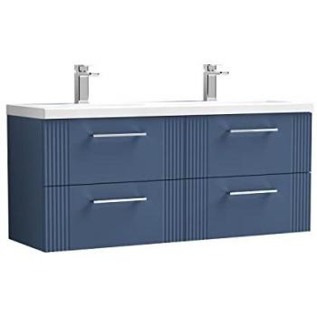 Nuie Modern Bathroom Wall Hung 4 Drawer Part Fluted Vanity Unit with Twin Ceramic Basin, Satin Blue, 1200mm