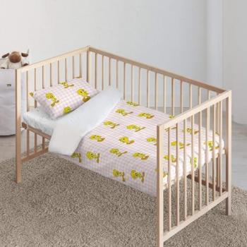 Housse de Couette 100% Coton Tweety Vichy Rose pour Lit Bébé 115x145 cm
