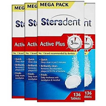 Steradent Active Plus 136 Tablets for Dentures, Pack of 4