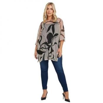 Printed Brown Mesh Crop Top, Oversized Fit – Women’s 22-24