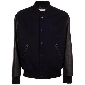Golden Goose Dark Blue Wool Bomber Jacket with Leather Sleeves