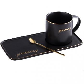 Premium Ceramic Coffee Cup Set with Gold Spoon and Saucer