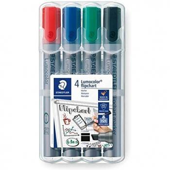 Lumocolor Flipchart marker, Keilspitze 2-5 mm, blau, schwarz, rot, grün, VE = 1 Etui a 4 Stifte