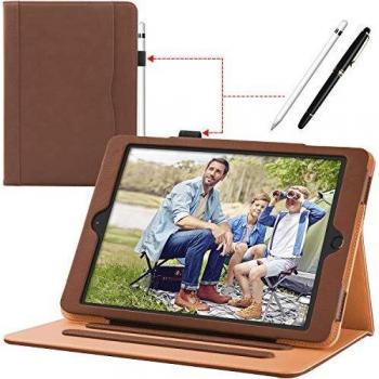 Coque de protection iPad 2018 9,7 pouces, cuir, Smart Cover avec support multi angles et holder Apple Pencil, couleur marron