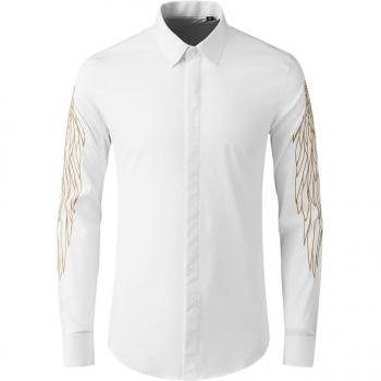 Minglu Slim Fit Men's Dress Shirt, Long Sleeve, Cotton, Angel Wings Embroidery, Plus Size 4XL