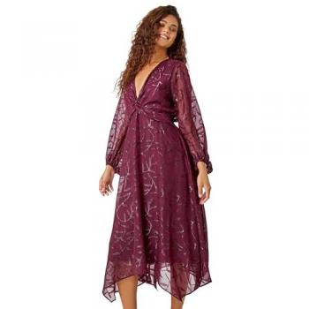 Roman Women's Textured Floral Twist Front Midi Dress