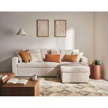 Canapé d'angle réversible convertible 4 places en velours côtelé beige avec coffre