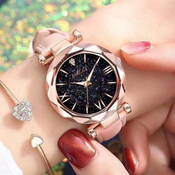 Women’s Leather Band Quartz Watch with Starry Sky Design