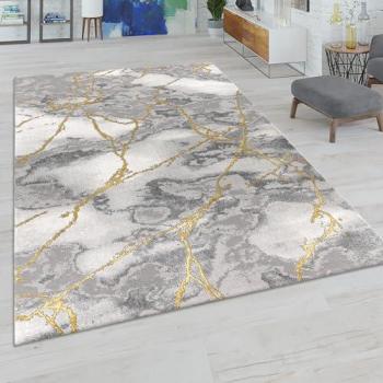 Tapis Moderne Poils Ras Motif Marbre Gris Doré 80x150 cm