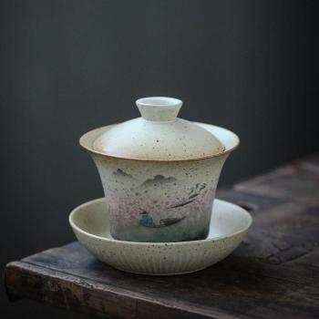 Juego de Tazas Gaiwan para Té, Motivo de Grúa en Cerámica