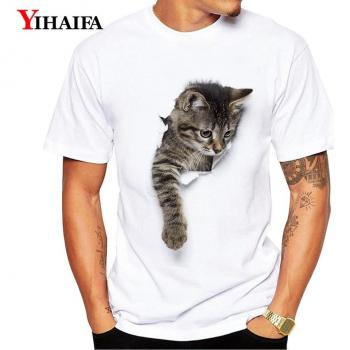 Tee 3D Print Masculin – Chat Gym, Design Été, Manches Courtes, Col Rond, Blanc