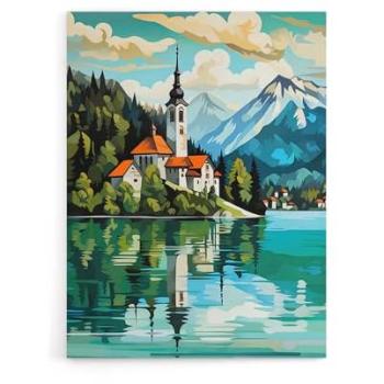 Bled Lagoon Church View – 24 x 32 Blue Canvas Print