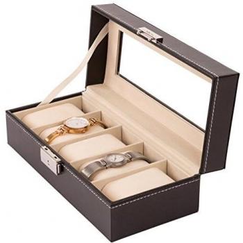 TRESKO® Uhrenkoffer 5‑Platz – PU schwarz, herausnehmbares Kissen