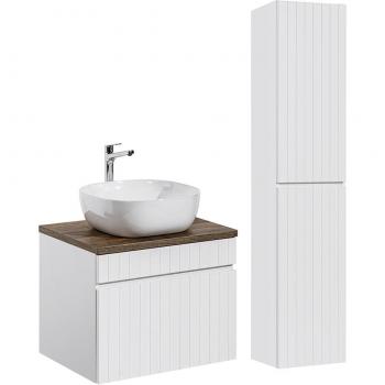 Conjunto lavabo y columna Zelie 60cm en blanco y madera