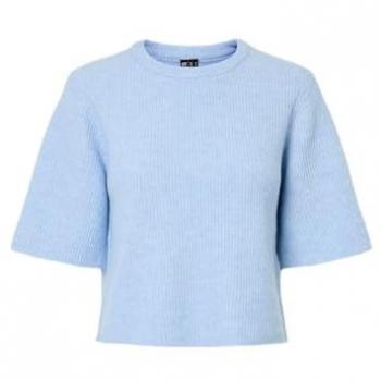 Blouse tricotée bleue à col rond et manches courtes