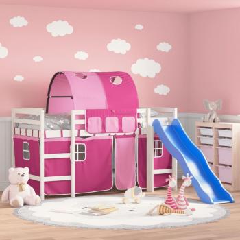 Lit mezzanine en bois pin massif pour enfants avec tunnel rose 90x190cm