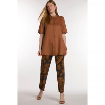 Brown Plus Size Linen Short Sleeve Tunic Blouse with Button Front, Women's Size 28/30