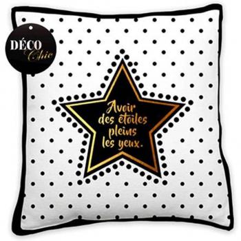 Cuscino Les Trésors De Lily [P2967] – Mensa di messaggi bianco-nero-oro con stelle (30 cm)