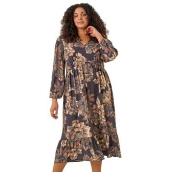 Robe Midi Florale Courbée Marron EU 44