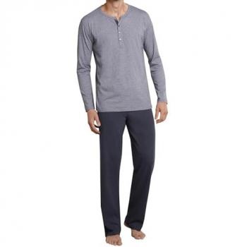 Schiesser Pyjama Herren, lang, mit praktischer Knopfleiste, schwarz/antrazit