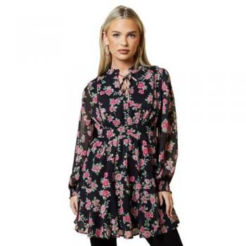 Petite Pink Rose Chiffon Lace Insert Long Sleeve Mini Dress