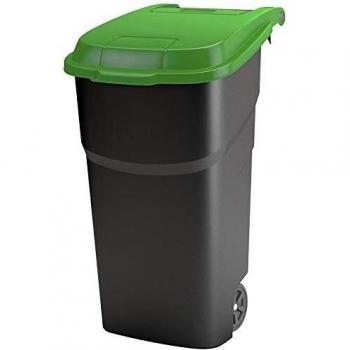 Rothopro Atlas Portarifiuti 100L con Coperchio e Ruote, Plastica (PP) Senza BPA, Nero/Verde