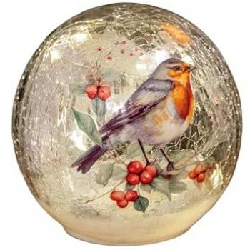 Clear 20cm Robin Crackle Lighted Glass Orb, 15 Warm White LEDs (Battery Operated)