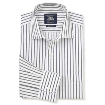 Blue Striped Cotton Poplin Single Cuff Dress Shirt