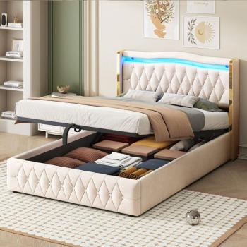Letto a Contrapposto 140x200 cm – Contenitore Idraulico con Testiera Illuminata e Tessuto Vellutato Beige