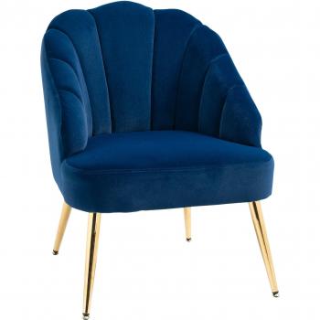 Poltrona Imbottita con Schienale a Conchiglia in Velluto Blu con Gambe Dorate