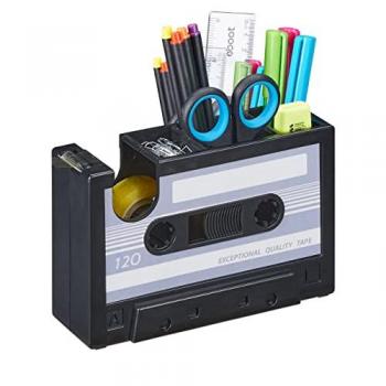 Desk Organiser, Retro Cassette Style, 3 Compartments, Grey/Black