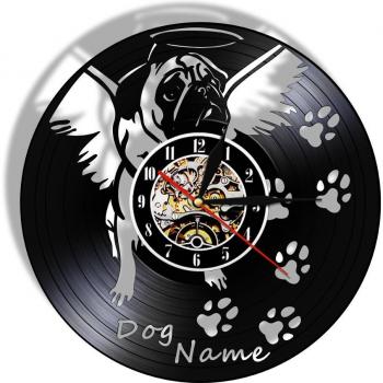 Horloge en vinyle avec patte de chien Bouledogue anglais Style moderne Murale Ailes d'ange