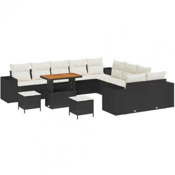 Set patio vidaXL 13 pièces avec coussins noirs poly rattan