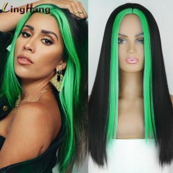 Long Straight Heat Resistant Wig for Women with Gold Highlights