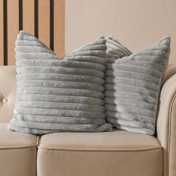 2 Pack of Light Grey Faux Fur Ribbed Cushion Covers