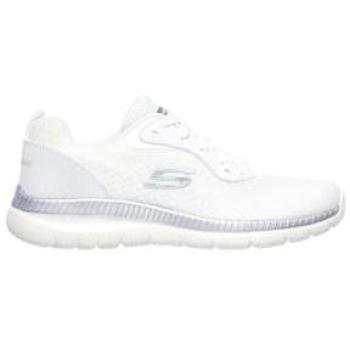 Skechers Women’s Quick Path Bountiful Sneaker – White & Silver, 3.5, Vegan, Textile/Synthetic