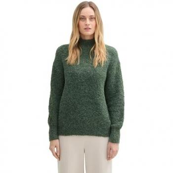 TOM TAILOR Damen Bouclé Stehkragenpullover, grün, Uni, Gr. M