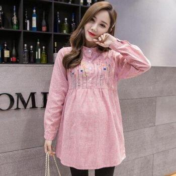 Pregnancy Tunic Top with Embroidered Waist Ties and Long Sleeves