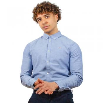 Langarmhemd TOMMY JEANS TJM Slim Stretch Oxford Shirt Gr. L, N-Gr, blau (twilight navy) Herren Hemden mit Flaglabel auf der Brust