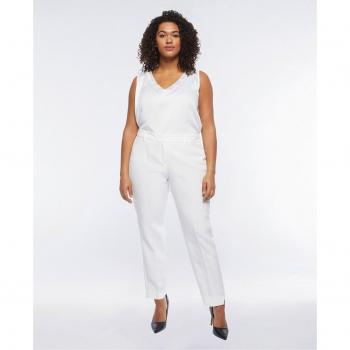 Pantalón recto de mujer liso blanco con trabillas