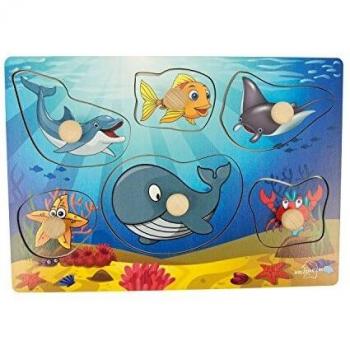 Griffiges Holzpuzzle mit Meerestieren: Seepferdchen, Schildkröte, Hai, Fisch und Oktopus