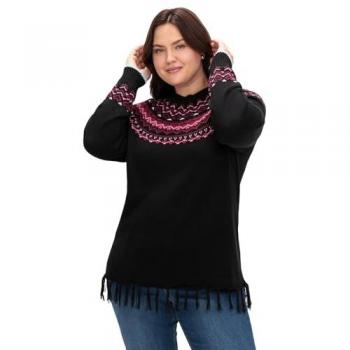Sheego Norwegerpullover mit Fransen, schwarz gemustert, Größe 44/46 für Damen