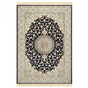 THE RUGS Oriental Velvet Antik Nain Rug – Medallion Fringed Viscose Carpet in Black, Size: 95cm x 133cm